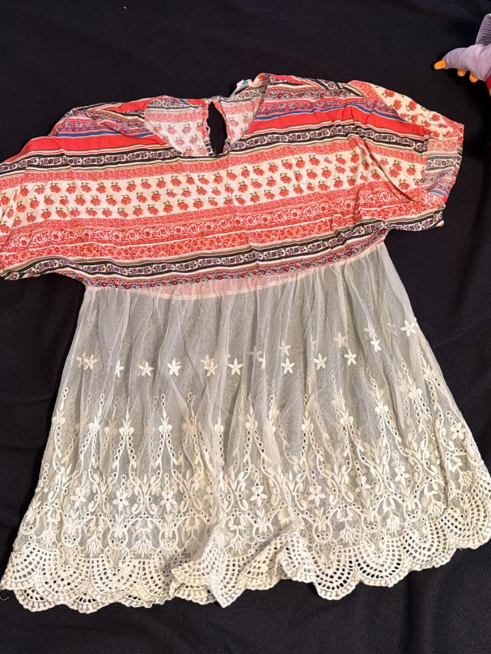 Grace & Lace L Red Floral Stripe Boho Lace-Hem Dress